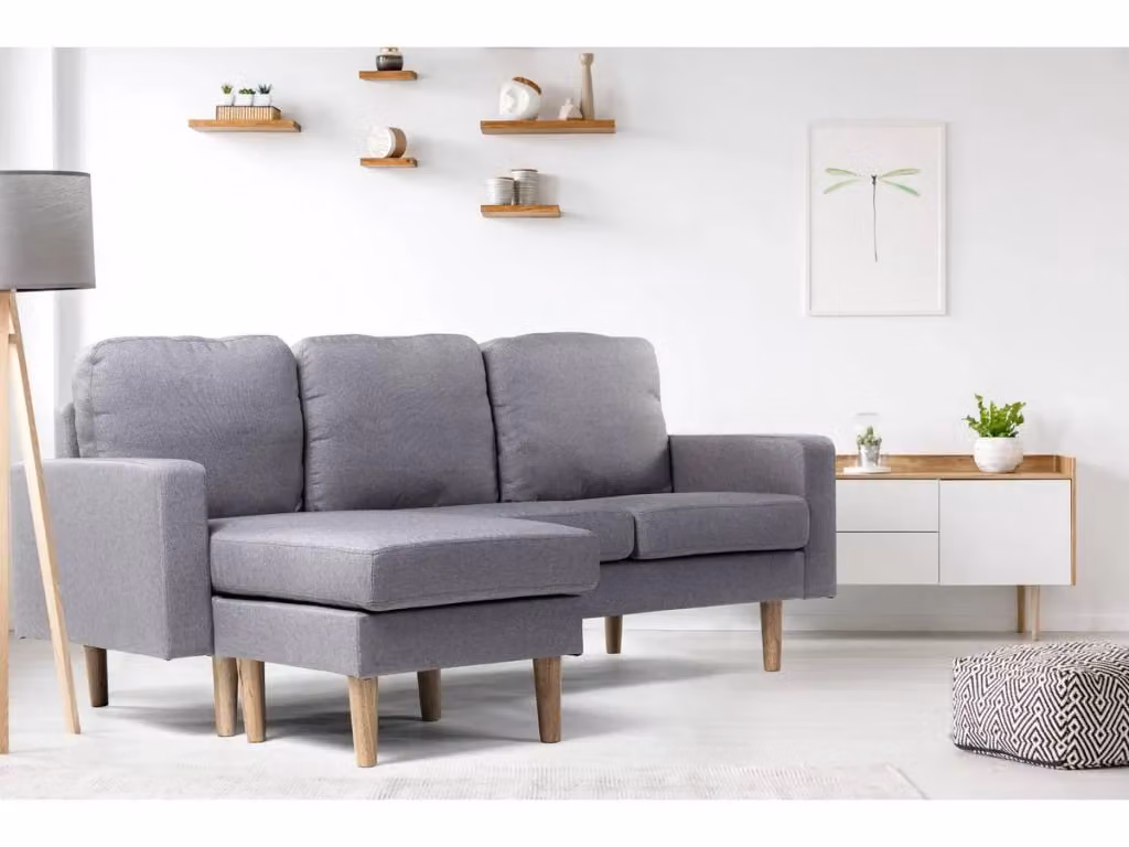 Divano angolare reversibile Gabby in tessuto grigio con struttura in legno e cuscini inclusi L 194 x P 84 x H 75 cm – 2