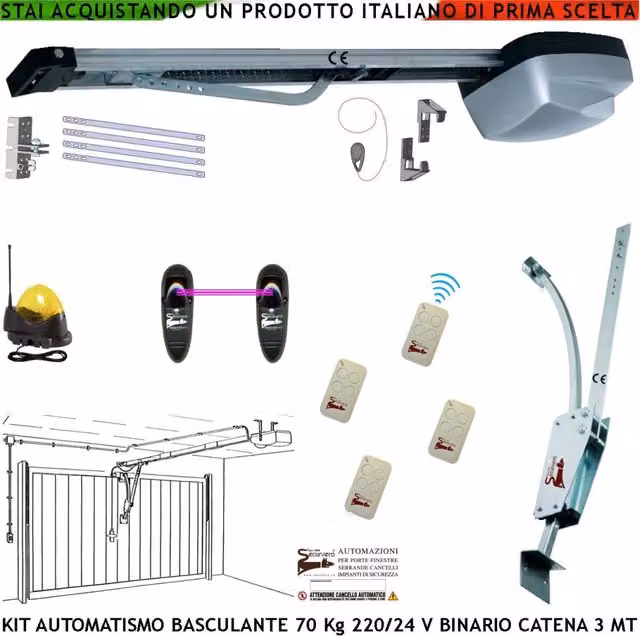 Kit Automazione Cler Basculante Securvera per Cancello da Soffitto fino a 70 Kg, Colore Grigio, con Motore 220/24 V, 4 Radiocomandi, Fotocellule e Catena in Acciaio da 3 MT