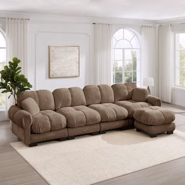Divano angolare modulare MODFU a L da 4 posti con pouf mobile e cuscini coordinati, colore marrone, L/P/H: 330 x 149 x 90 cm
