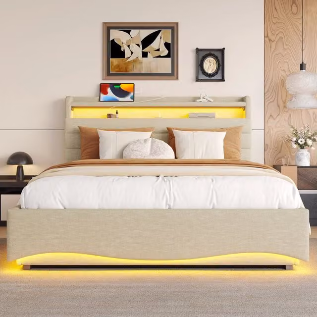Letto imbottito 140x200 cm in lino beige con contenitore idraulico e illuminazione LED