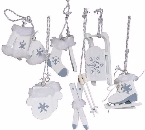Set di 6 decorazioni per l'albero di Natale in legno bianco