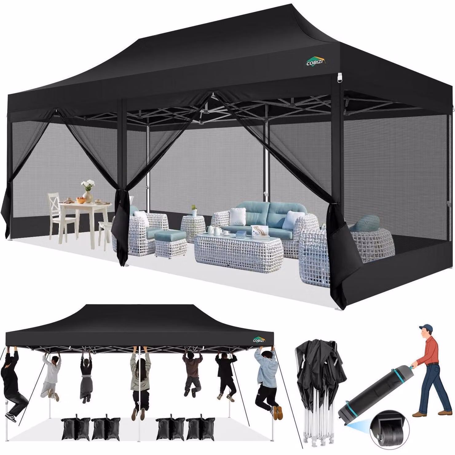Gazebo da esterno 3x6 metri con 6 pareti a rete, impermeabile, stabile, zanzariera inclusa, colore nero