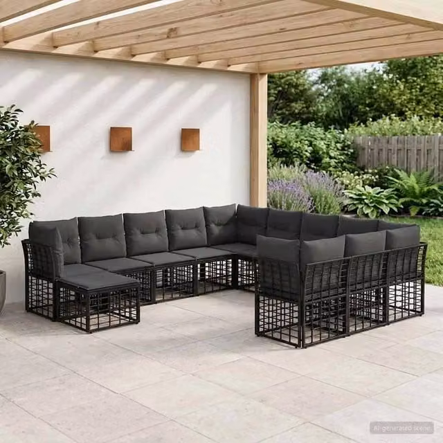 Set di divani da esterno 12 pz Nero e Grigio scuro Poliestere 3437629