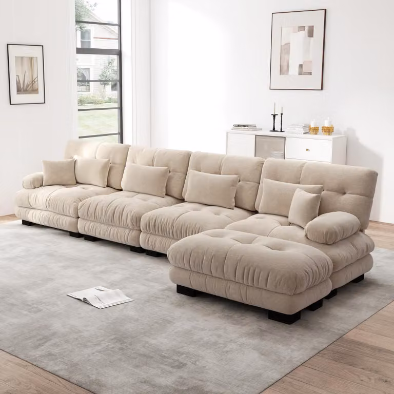 Divano angolare modulare a 4 posti, modello "Cloud", poggiapiedi mobile, combinazione personalizzabile, tessuto in chenille (color caffè chiaro)
