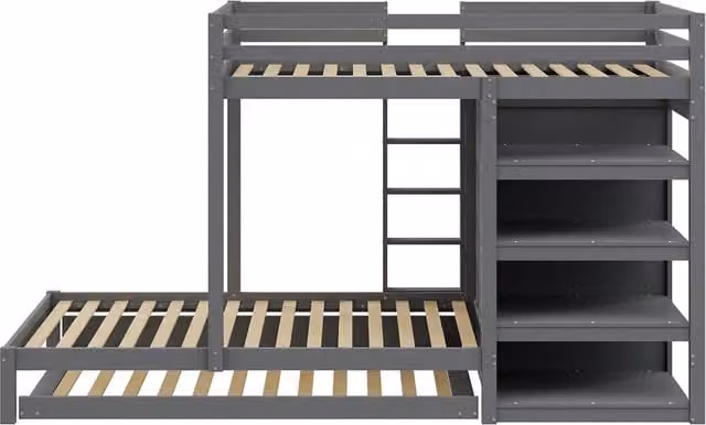 Letto a castello Chicfurn in legno grigio con letto estraibile, armadio, cassetti e ripiano, L/P/H: 90 x 200 x 170 cm