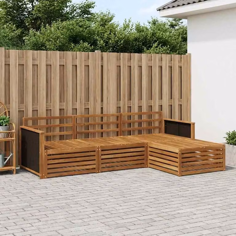 vidaXL Set di divani da esterno a L in legno di acacia massello marrone con pouf e cuscini inclusi