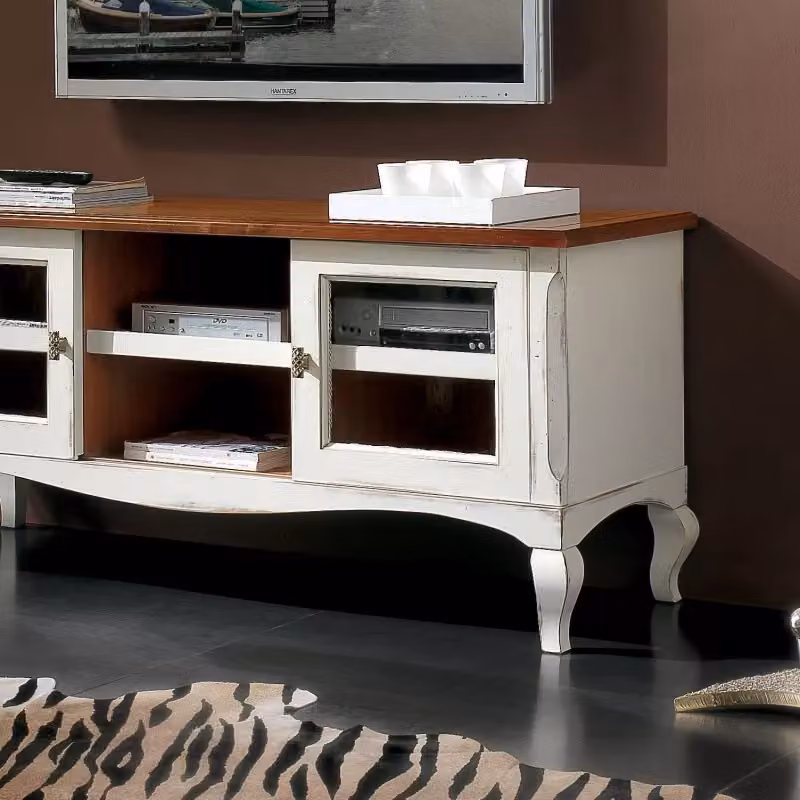 Porta TV Shabby Chic Mobili 2G in Legno Bianco e Marrone con 2 Porte Scorrevoli L: 146 cm, P: 50 cm, H: 65 cm – 3