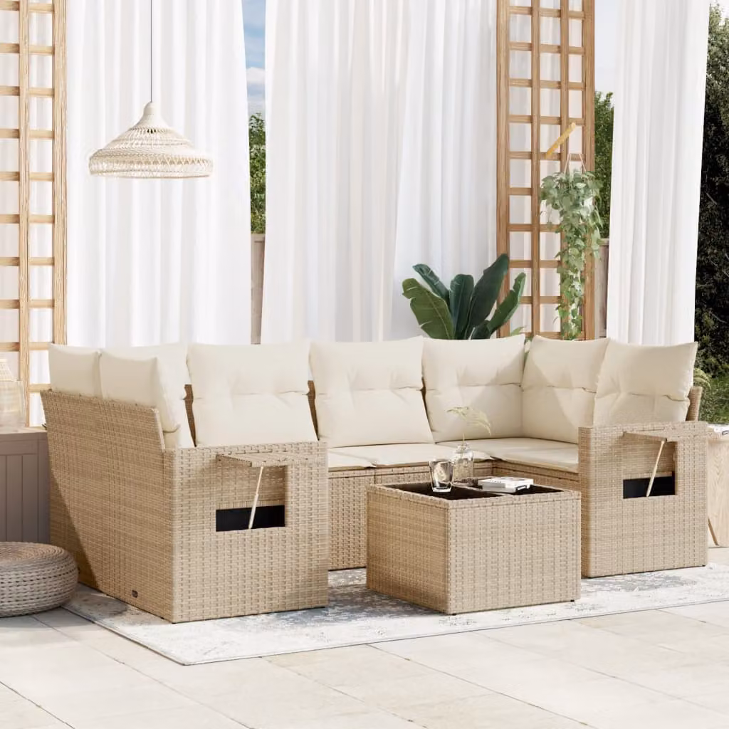 vidaXL Set Divani da Giardino 7 pz a Forma a L con Cuscini Beige e Tavolino, Polyrattan e Struttura in Acciaio Verniciato a Polvere – 1