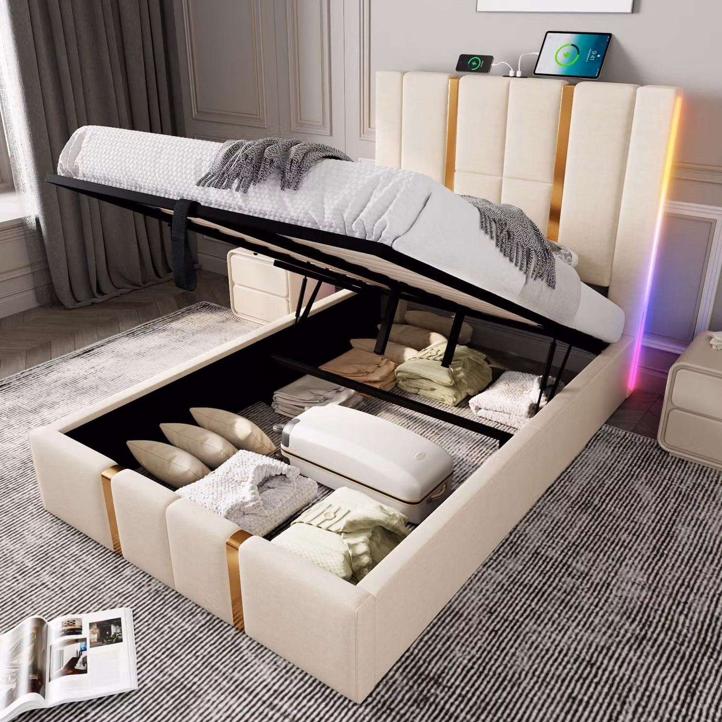 MODFU Letto a cassettone 90x200 cm - Letto singolo imbottito con illuminazione a LED e porte di ricarica USB - Tessuto di lino - Senza materasso - Beige