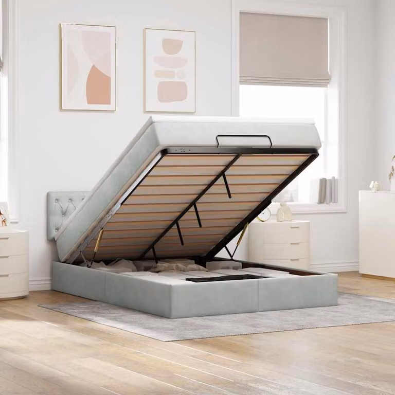 Letto con contenitore a sollevamento vidaXL in velluto grigio e bianco con materasso e porta USB L: 144 cm, P: 193 cm, H: 28 cm