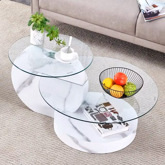 Tavolino basso fisso a più livelli in MDF e vetro trasparente bianco 78.5 × 78.5 × 24.5 cm