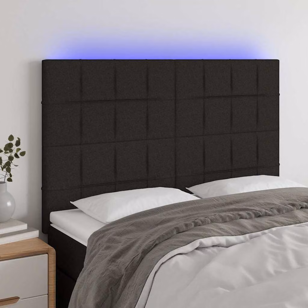 Testiera per letto vidaXL in tessuto nero con illuminazione LED integrata e porta di ricarica USB, L: 144 cm, P: 5 cm, H: 118-128 cm