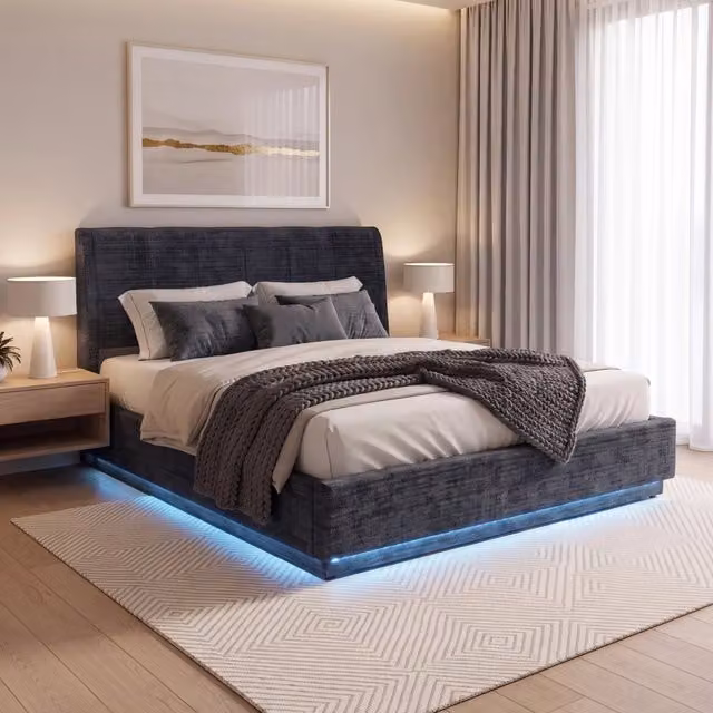 Letto Matrimoniale Contenitore Tröstiar con Apertura a Ribalta e Luce LED 160x200 cm - Effetto Lino Blu [en.casa]