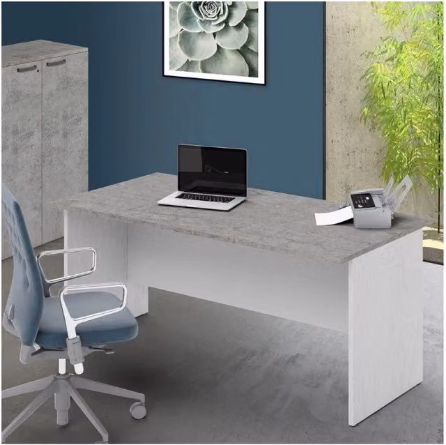 Scrivania per ufficio 160x80x74H cemento e bianco frassinato Ibisco – Made in Italy