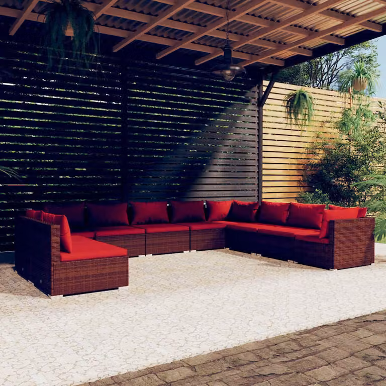Set di divani da giardino vidaXL a forma di U composto da 10 pezzi con cuscini imbottiti in polyrattan marrone e rosso e struttura in metallo
