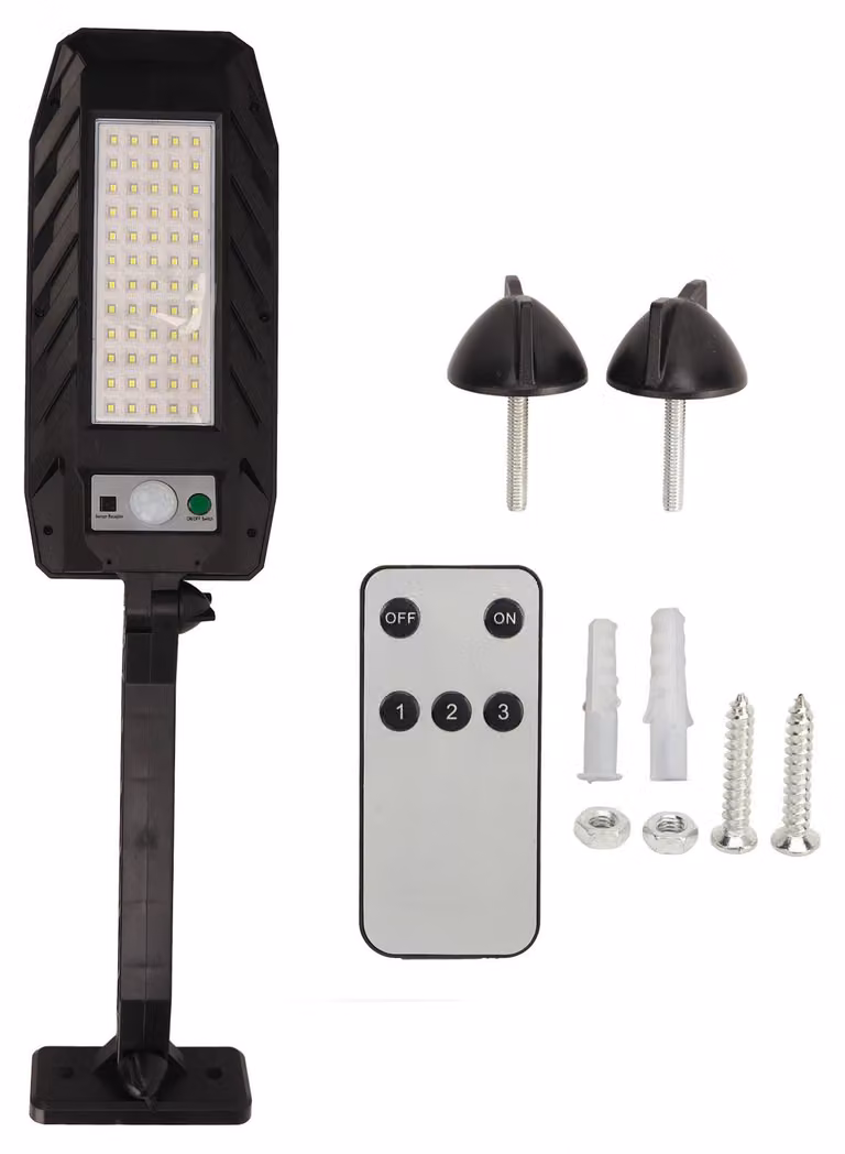 Luce solare con sensore, luci esterne integrate con sensore di movimento, per uso su pareti, giardini, bidoni della spazzatura, 60 LED, telecomando