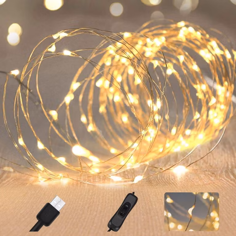 Catena luminosa a LED, 120 LED, 12 metri, alimentazione USB, impermeabile, luce bianco caldo, adatta per interni ed esterni