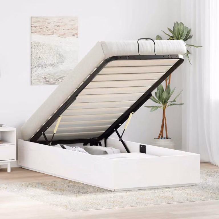 vidaXL Letto Ottomano con Ripostiglio in Legno di Pino e Tessuto Bianco L: 200 cm, P: 80 cm, H: 81 cm