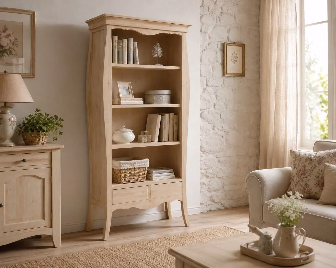 Libreria a giorno Mobili 2G in legno grezzo con 3 ripiani regolabili e 2 cassetti, L: 106 cm, P: 47 cm, H: 204 cm – 2