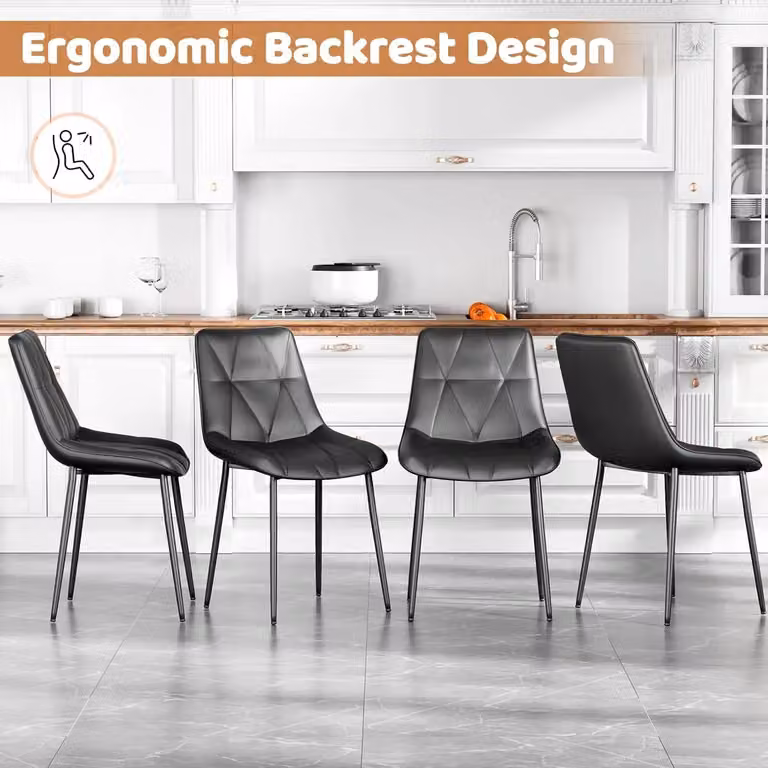 Sedie da pranzo - Set da 4 - Schienali decorati con bottoni - Ecopelle - Gambe in metallo - Imbottite - Grigie