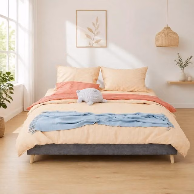 Letto matrimoniale moderno WISHDOR in tessuto e metallo grigio con design geometrico, L/P: 160 x 200 cm