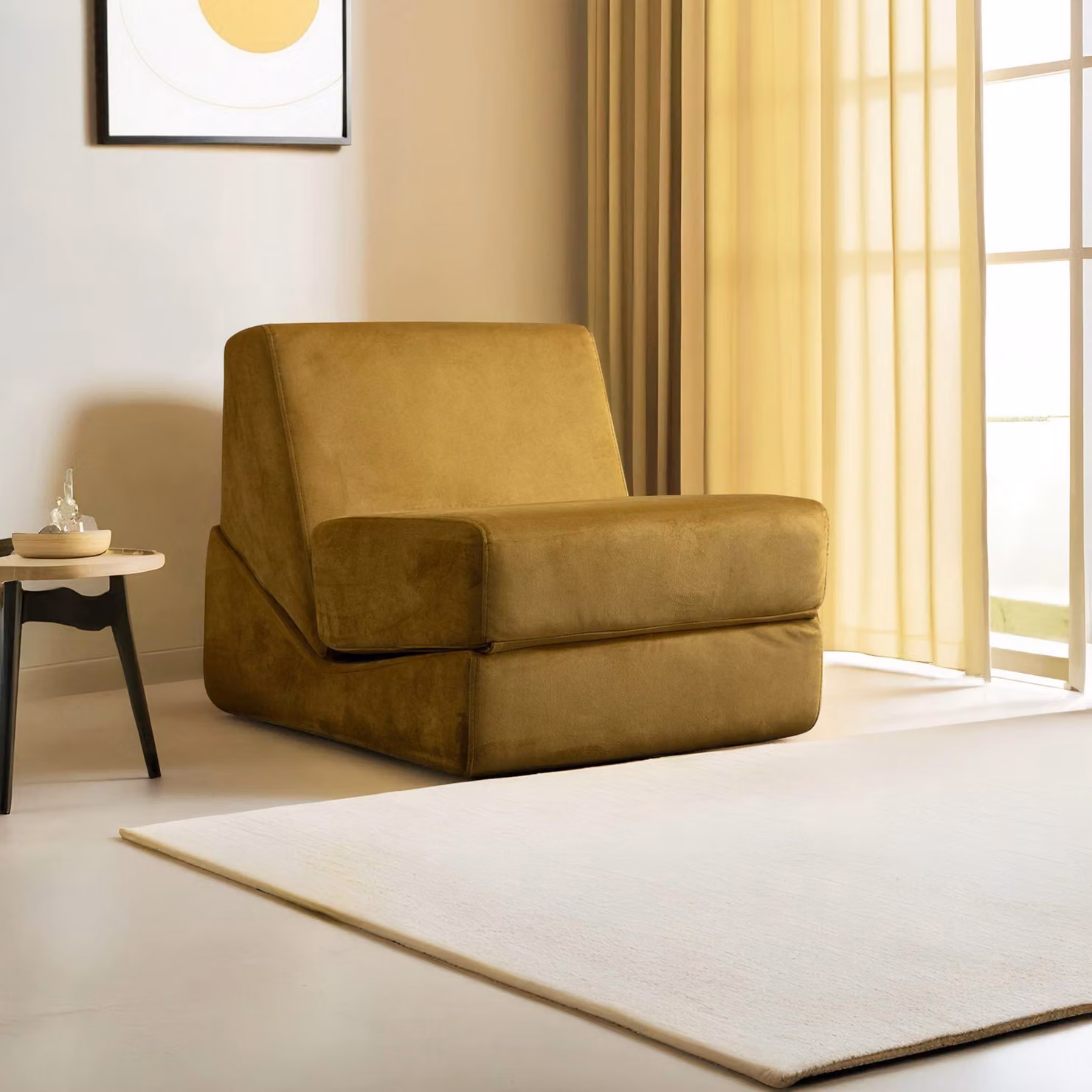 Hanah Home, divano letto monoposto di alta qualità, giallo senape, 70 x 100 x 70 cm | 100% poliestere, schiuma 28 DNS | Cuscini di seduta e schienale rimovibili e lavabili, senza gambe.