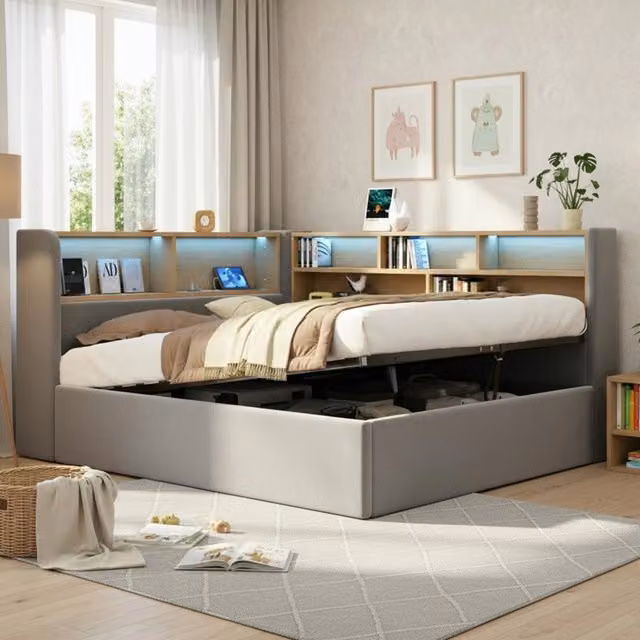 Letto contenitore imbottito con LED ¨C Minimal ¨C velluto grigio 140x200 cm con sistema idraulico