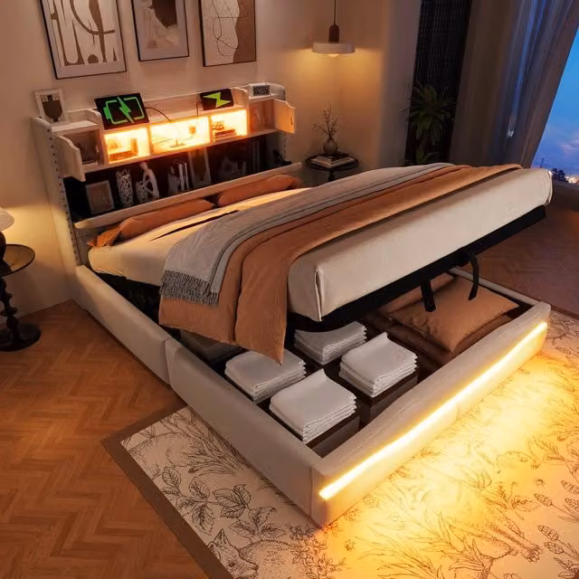 Letto Imbottito Contenitore con LED e USB ¨C MINIMAL ¨C Beige 140x200 Idraulico