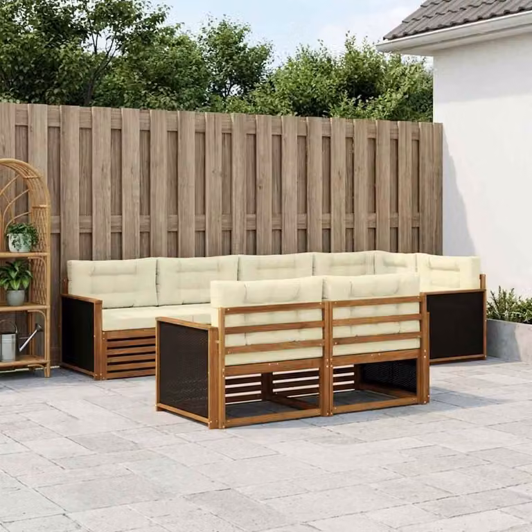 vidaXL Set di divani da esterno a L in legno di acacia con cuscini, 7 pezzi, Naturale e Crema