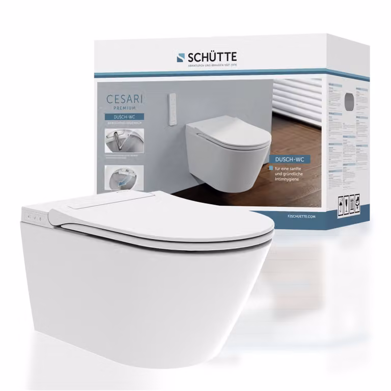 WC con doccia SCHÜTTE CESARI PREMIUM, senza bordo, WC con funzione bidet e doccia per signora, sedile con chiusura ammortizzata bianco, forma a D Slim