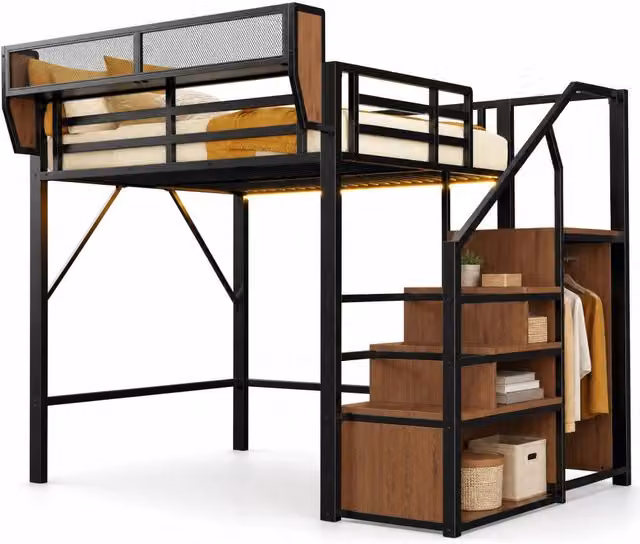 Letto a soppalco 140x200 cm con LED; scala di sicurezza e ripiano; nero
