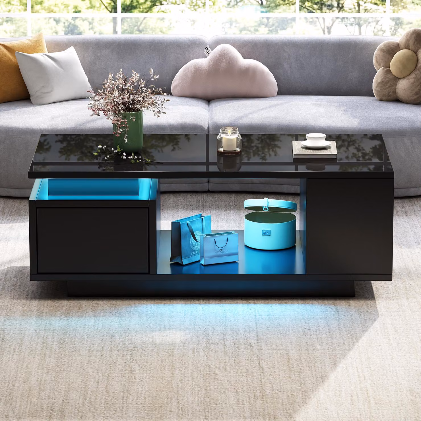 Tavolino da caffè nero, con illuminazione LED, cassetto, 4 scomparti e vano aperto al centro