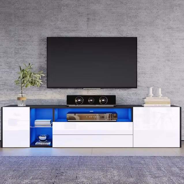 Mobile TV 180 x 40 x 45 cm con LED; 2 cassetti; 2 vani chiusi e vetro temperato; bianco e nero