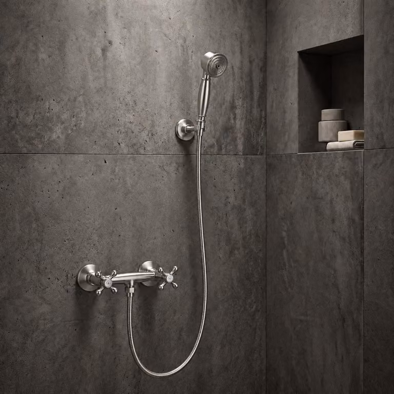 Miscelatore per doccia con doccetta manuale, acciaio inossidabile, serie Heritage Ascot, marca Aquanello