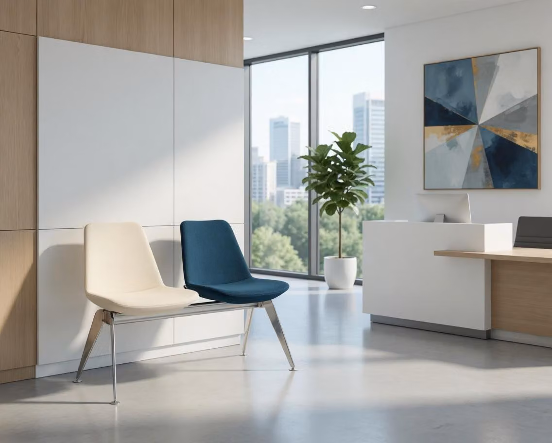 Sedie da ufficio per 2 persone, beige e blu, con struttura in metallo, design moderno