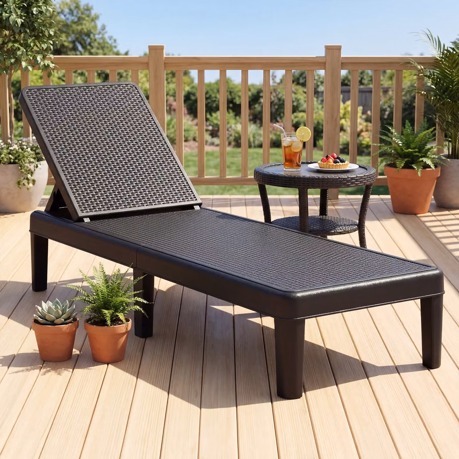 Lettino prendisole da giardino Costway in rattan nero con schienale regolabile e resistenza alle intemperie