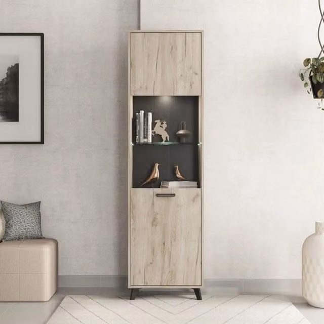 Vetrina Espositore DMORA Raggiolo con Ante in Vetro e 4 Ripiani, Marrone Rovere Chiaro, L: 53.5 cm, P: 33 cm, H: 191.5 cm