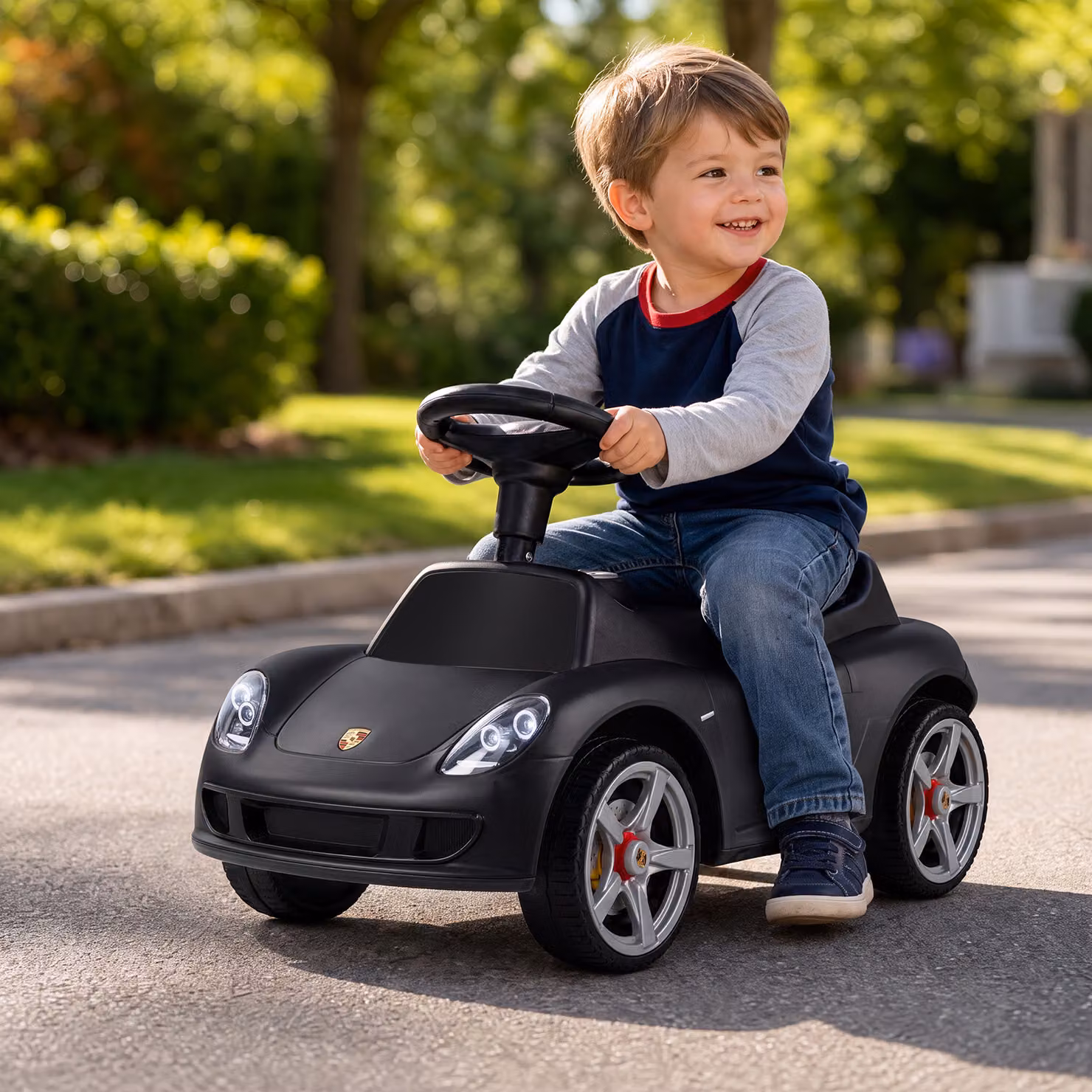 Macchinina cavalcabile Costway con volante, clacson, cruscotto simulato e fari, nera, portata massima 30 kg, per bambini dai 18 mesi in su