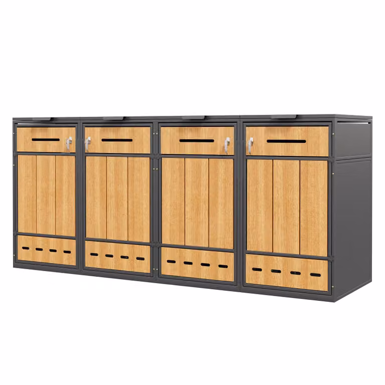 Box per bidoni della spazzatura, rivestimento per bidoni della spazzatura, per 4 bidoni da 120 o 240 litri, box chiudibile a chiave, apertura di ventilazione con lamelle, due ante