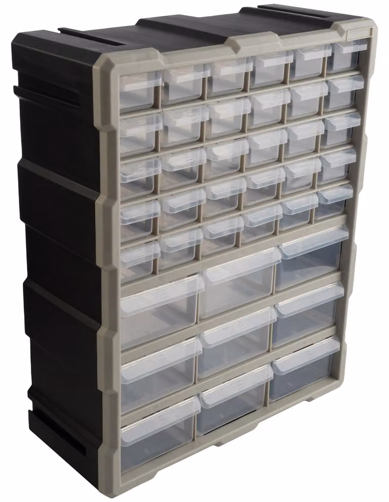 Organizzatore compatto in plastica, robusto e dotato di 39 cassetti, ideale per l'ufficio o la scrivania