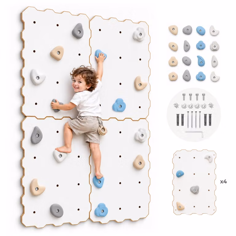 MAMOI® Parete da arrampicata da interno con appigli, 4 moduli, parete da arrampicata moderna per camera, pannello in legno bianco, set da arrampicata