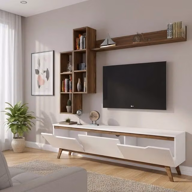 Parete attrezzata Atax DMORA per soggiorno, mobile salotto multiuso con armadio porta TV, Bianco e Noce, L: 180 cm, P: 35 cm, H: 49 cm – 1