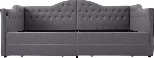 Letto Daybed imbottito con due cassetti e ricarica USB Type C 90x200 cm grigio lino senza materasso