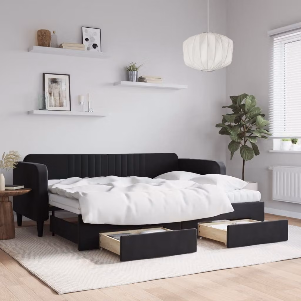 vidaXL Divano Letto Estraibile in Velluto Nero con Cassetti L/P/H: 223 x 80 x 90 cm