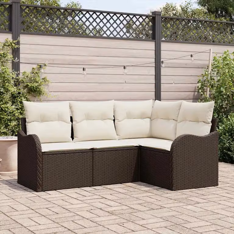 Set Divano da Giardino a L vidaXL 4 pz Marrone con Cuscini in Polyrattan e Struttura in Acciaio