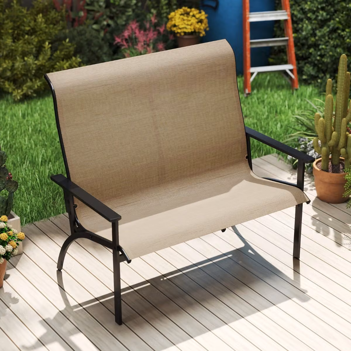 Panca da giardino Costway per 2 persone con schienale alto e braccioli, colore caffè