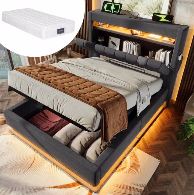 Letto singolo 90x200 cm in lino grigio con LED; ricarica USB e Type-C; contenitore e materasso