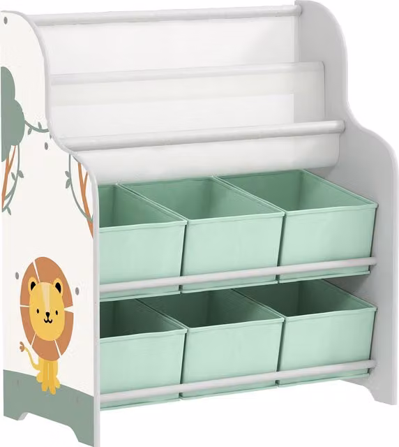 Scaffale Portagiochi AIYAPLAY con 6 Cassetti in Tessuto e Libreria a 2 Livelli in Legno e Acciaio, Verde, L 63 cm x P 30 cm x H 71 cm
