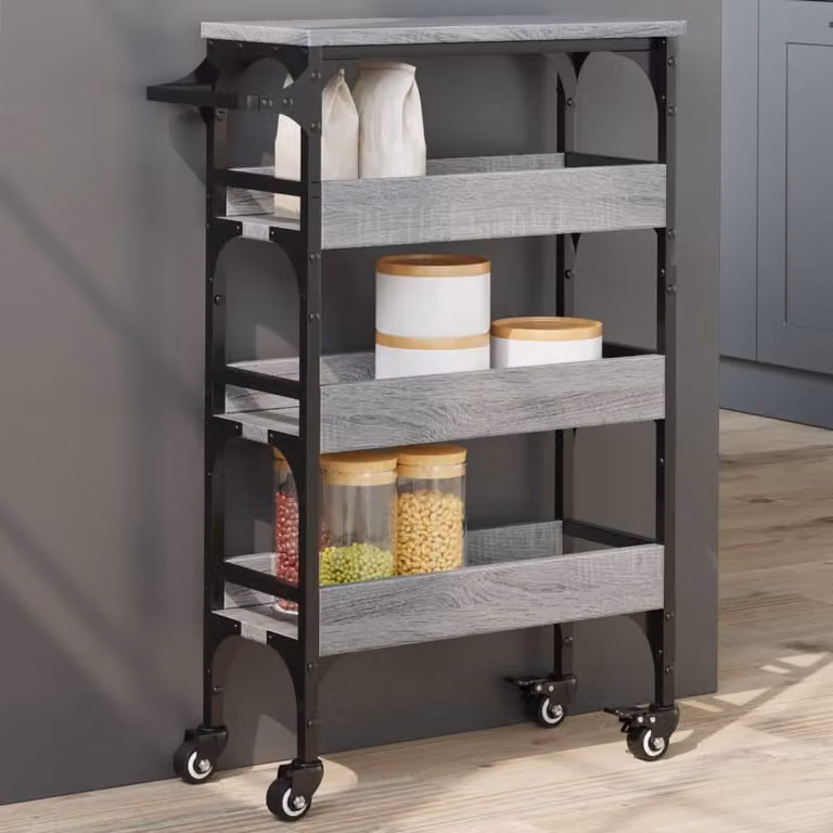 vidaXL Carrello da Cucina Moderno Grigio con Ruote in Legno e Metallo L/P/H: 53 x 20 x 76 cm