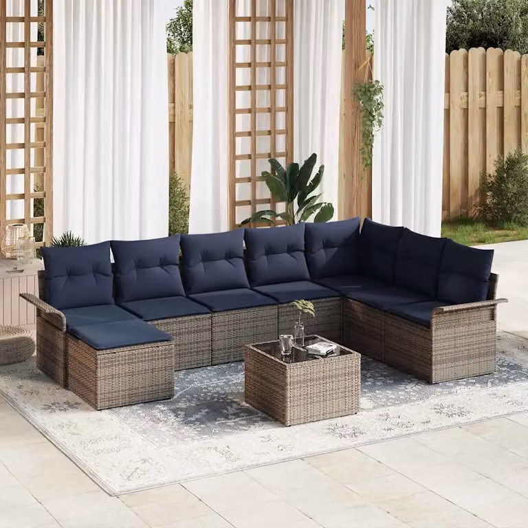 Set Divano da Giardino vidaXL 9 pz in Rattan Grigio con Cuscini e Tavolino da Caffè